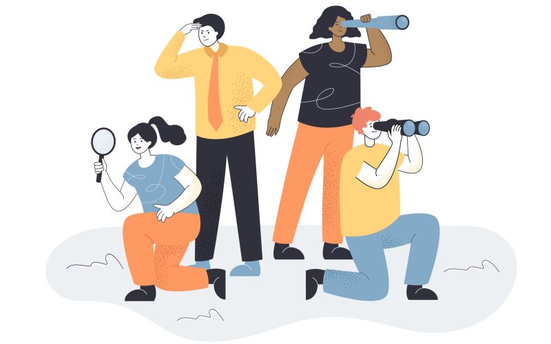 Business team looking for new people. Allegory for searching ideas or staff, woman with magnifier, man with spyglass flat vector illustration. HR, development concept for banner, website design